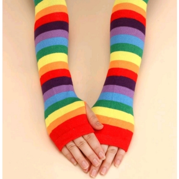 Elbow length fingerless rainbow gloves - Picture 1 of 11